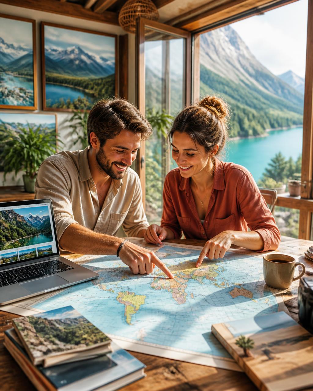 Travel planners marking a world map in a sunlit studio above an alpine lake